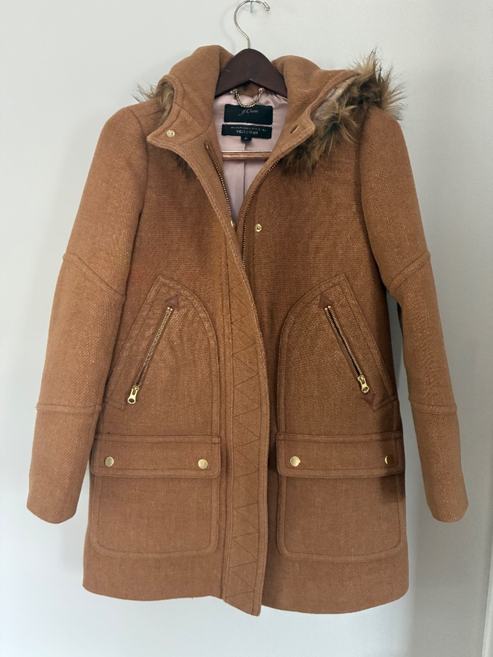 J Crew camel wool stadium cloth coat size 0, XS